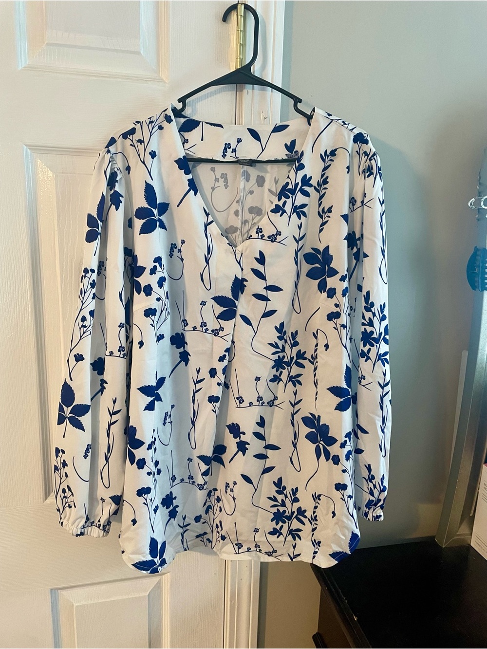 SHEIN White Blouse with Blue Botanical Print